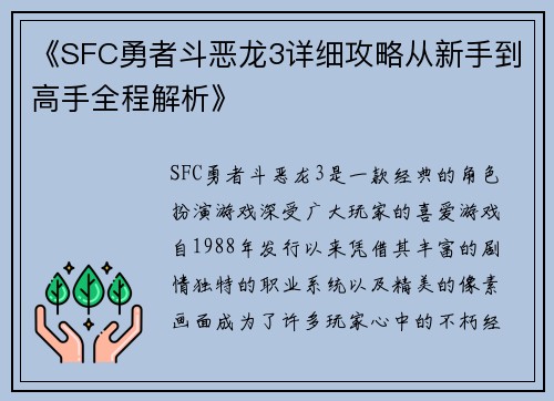 《SFC勇者斗恶龙3详细攻略从新手到高手全程解析》