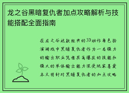 龙之谷黑暗复仇者加点攻略解析与技能搭配全面指南